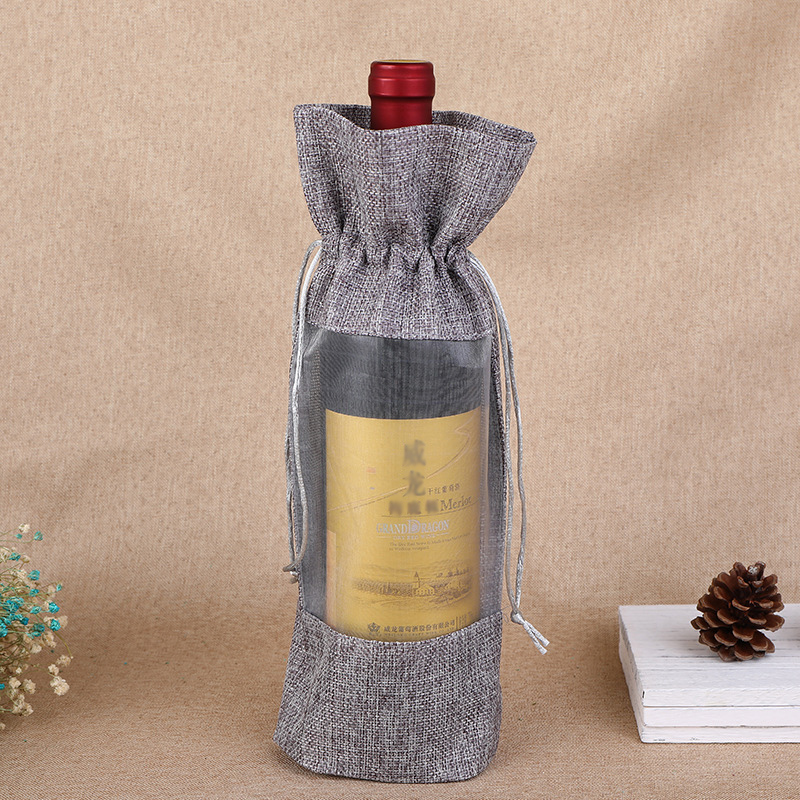 Jute Bag Packaging - 1Pcs เทียม Jute กระเป๋าขวดไวน์ครอบคลุม Clear Window