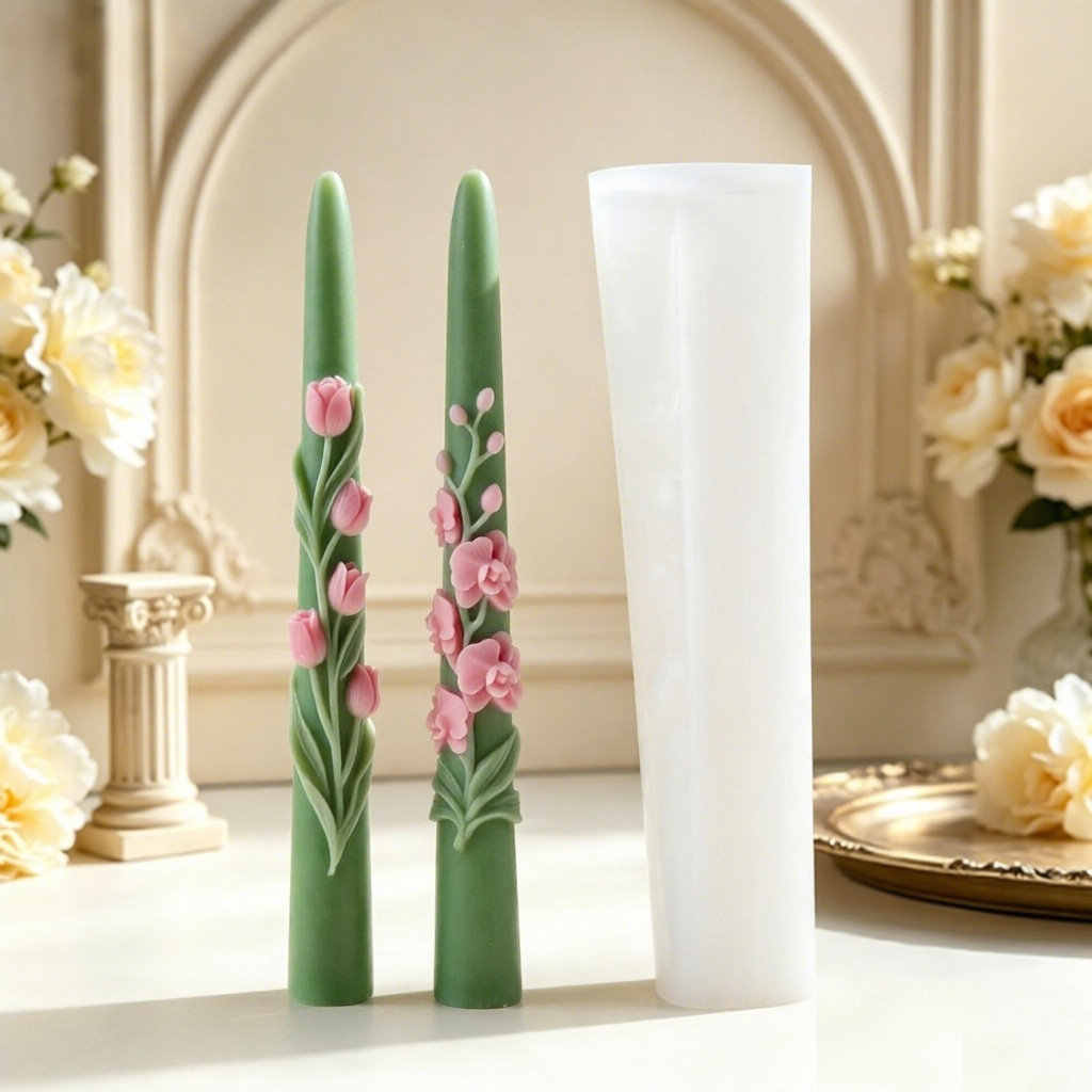 Candle Making Soy Wax - แม่พิมพ์ซิลิโคนเทียนแท่งยาวลายดอกไม้ 3 มิติ ลายดอกทิวลิปและกล้วยไม้ สำหรับทำเทียนจากขี้ผึ้งถั่วเหลือง ของตกแต่งบ้าน