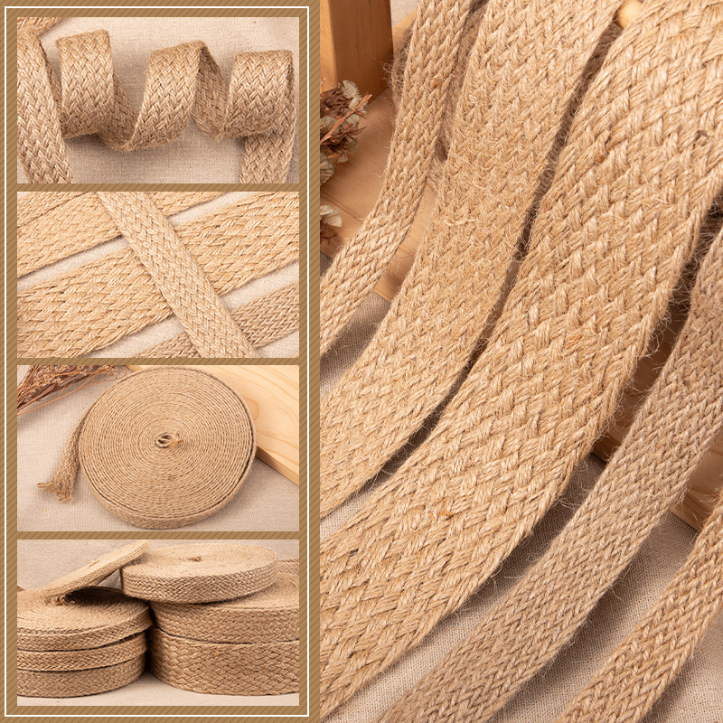 Jute Bag Packaging - เชือกปอกระเจาถักแบน 10 เมตร/ม้วน เชือกปอกระเจาธรรมชาติ ริบบิ้นถักสำหรับงานฝีมือ เชือกสำหรับตกแต่งงานแต่งงาน