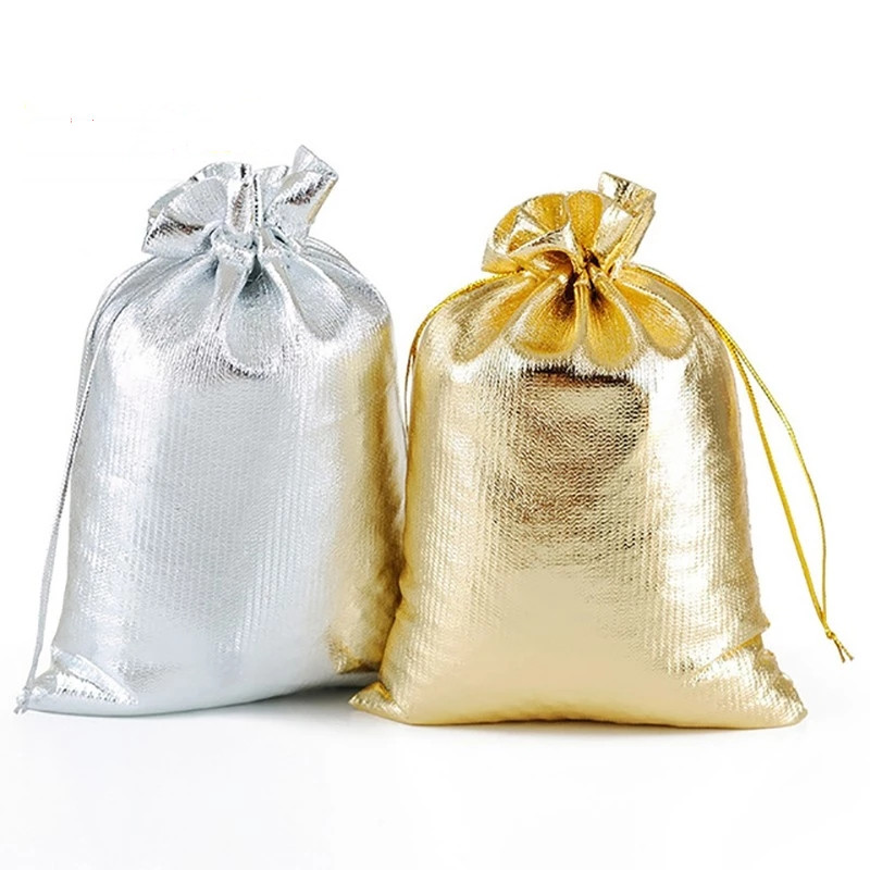 Jute Bag Packaging - ถุงบรรจุเครื่องประดับ50ชิ้น/ล็อต7x9ซม. 9x12ซม. สีทองเงินปรับได้สำหรับงานปาร์ตี้ลูกกวาดสายรูดถุงของขวัญแต่งงาน
