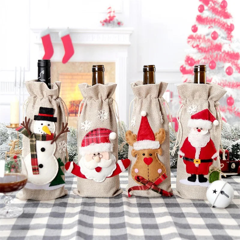 Jute Bag Packaging - ถุงปอกระเจาสำหรับใส่ไวน์ขวดซานตาคลอสตุ๊กตาหิมะคริสต์มาสถุงใส่ไวน์การตกแต่งคริสต์มาสถุงใส่ขวดไวน์