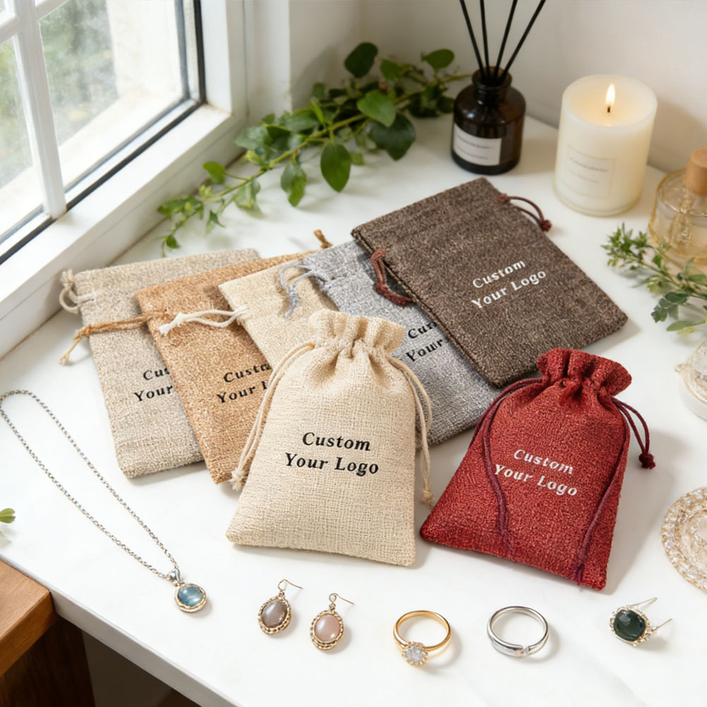 Jute Bag Packaging - ถุงของขวัญผ้ากระสอบพิมพ์โลโก้ส่วนตัว 100 ชิ้น พร้อมเชือกผูก ใช้ซ้ำได้ สำหรับใส่เครื่องประดับ